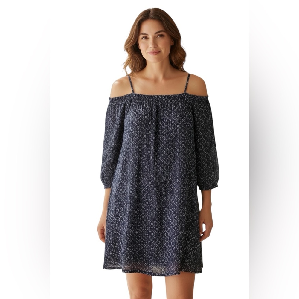 Bella Dahl Medium Blue 100% Rayon Dress Flowy Geometric Fairy Light Weight Vacay